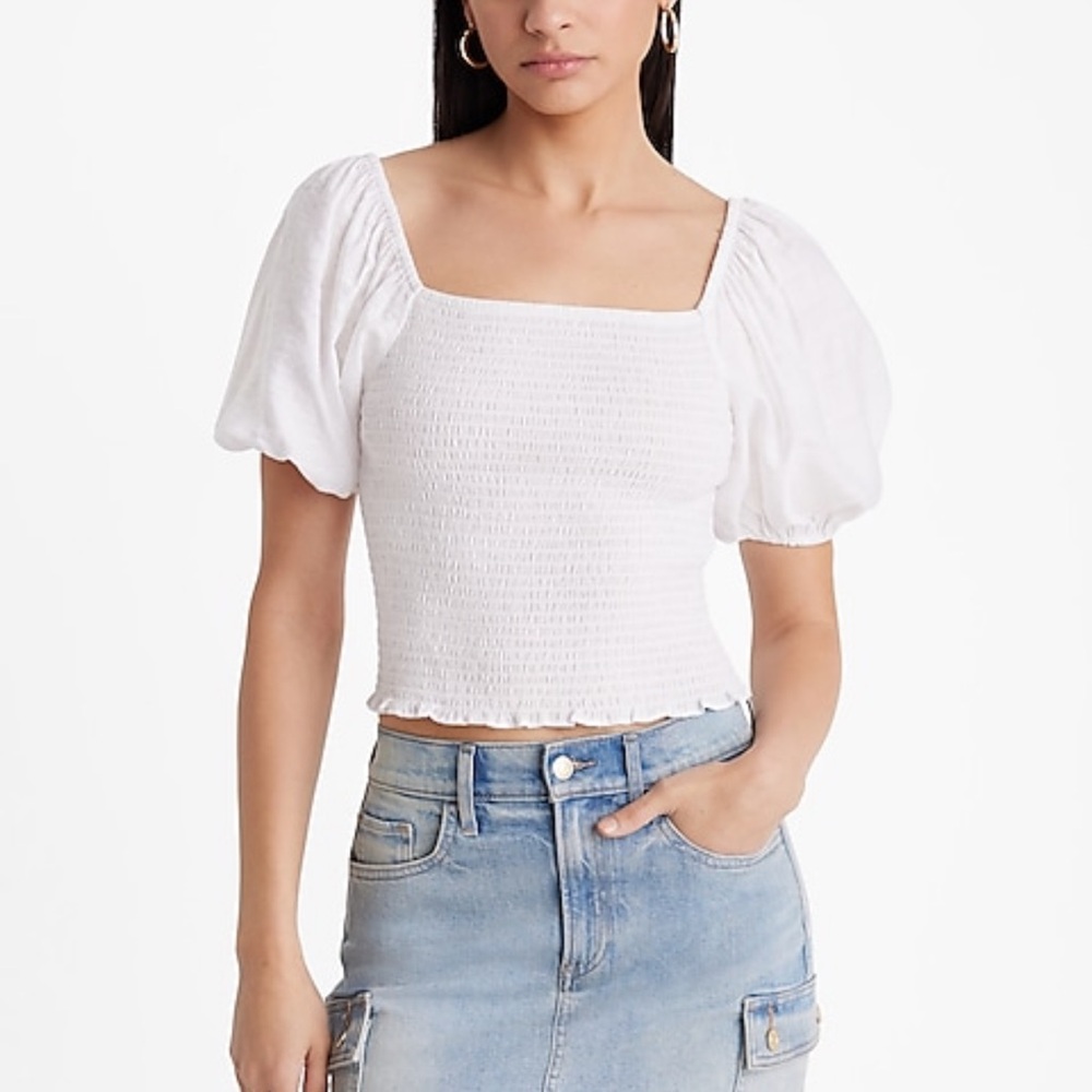 Express White Puff Sleeve Smocked Blouse